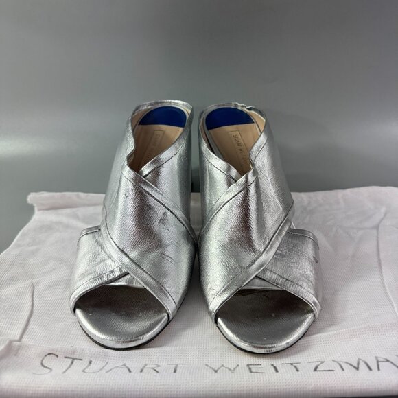 STUART WEITZMAN BLOCK HEEL SLIDE SANDALS MULES-SILVER-SZ 8 M  STUART WEITZMAN BLOCK HEEL SLIDE SANDALS MULES-SILVER - SIZE 8.5\'\'